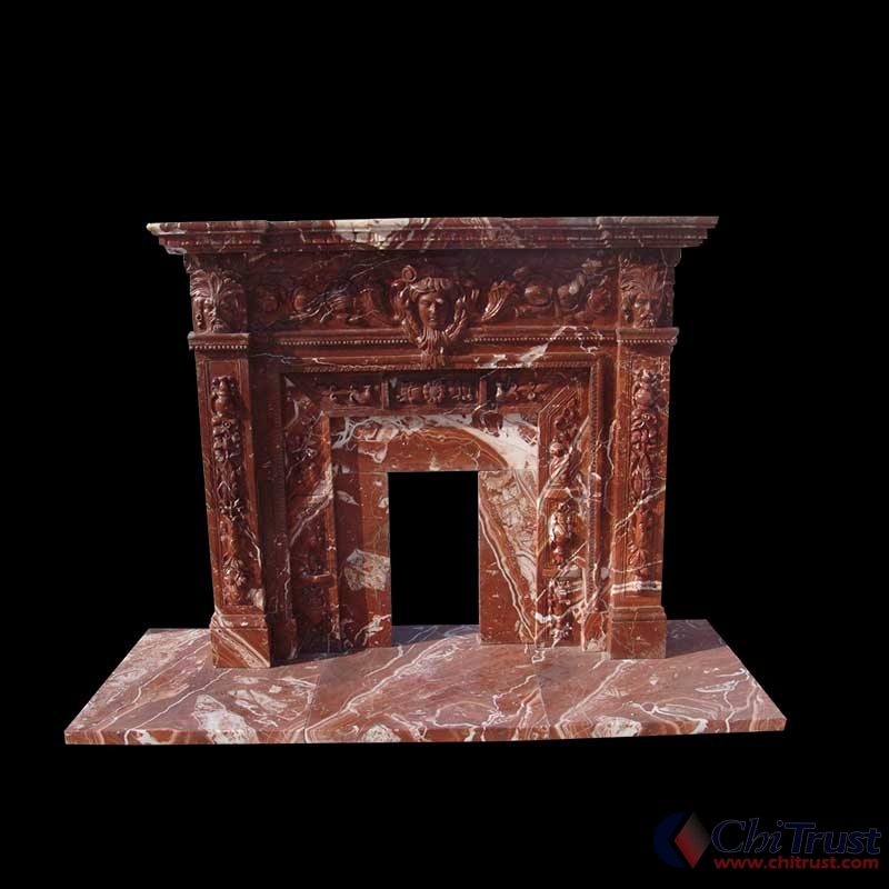 Red marble stone fireplace